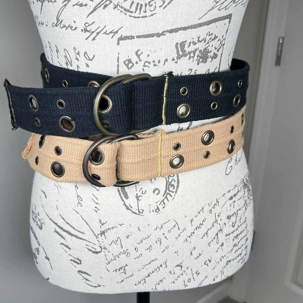 Double Grommet Canvas Waist Belt — Black & Beige